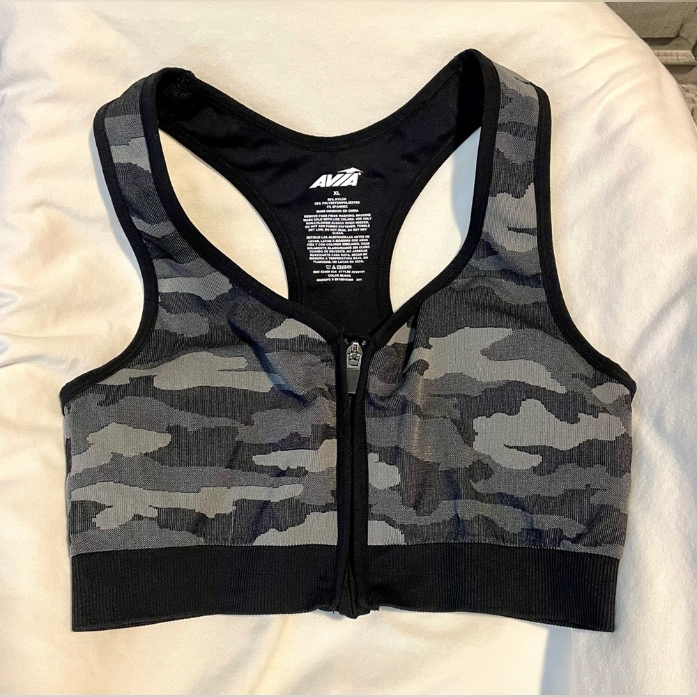 *EUC* AVIA Zip Front Sports Bra - Womens XL - Camo  Black/Gray - Med Support